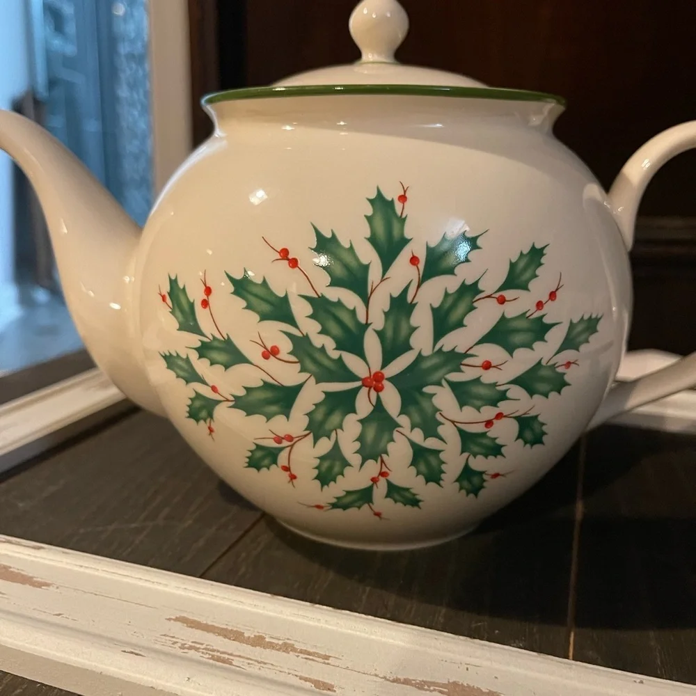 Lenox White Teapot with Green Holly and Red Berries
